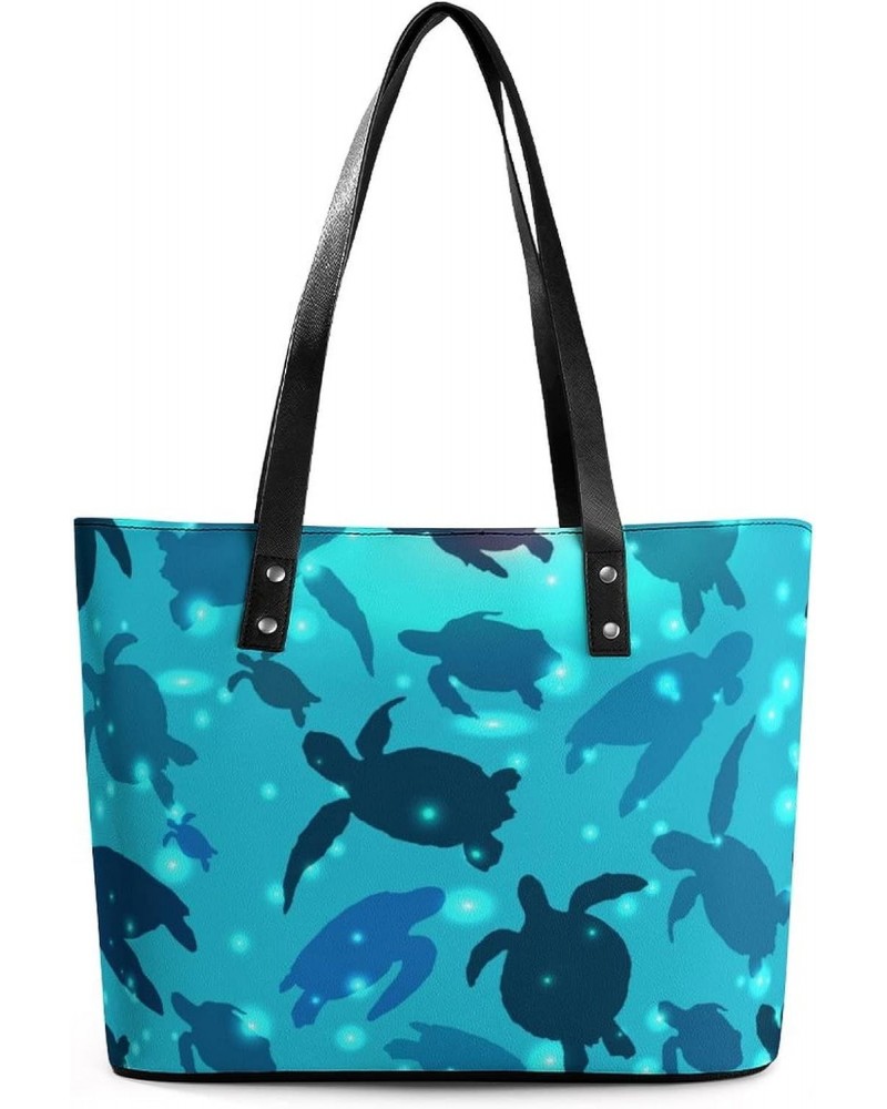 Womens Handbag Turtle Swims Blue Ocean Leather Tote Bag Top Handle Satchel Bags For Lady $16.10 Totes