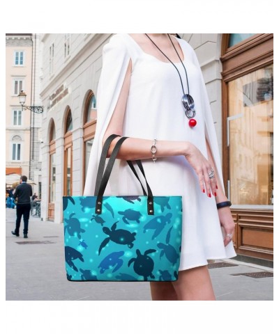 Womens Handbag Turtle Swims Blue Ocean Leather Tote Bag Top Handle Satchel Bags For Lady $16.10 Totes