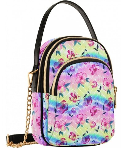 Watercolor Flower Small Crossbody Handbag for Women Mini Over Shoulder Purse with Three Zippered Pockets Durable Crossbody Pu...