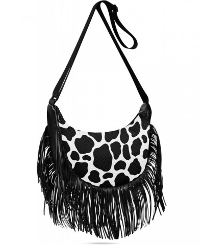 Tassel Crossbody Bag Black White Cow Print Women Fringe Boho Handbag Hippie Purse Vintage Bohemian Shoulder Bag '70s Daily Ba...