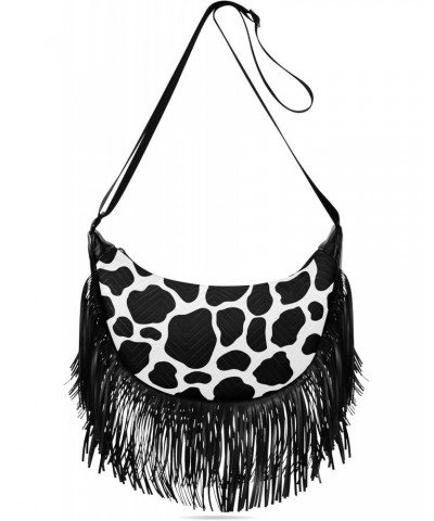 Tassel Crossbody Bag Black White Cow Print Women Fringe Boho Handbag Hippie Purse Vintage Bohemian Shoulder Bag '70s Daily Ba...