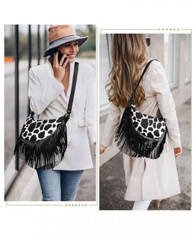 Tassel Crossbody Bag Black White Cow Print Women Fringe Boho Handbag Hippie Purse Vintage Bohemian Shoulder Bag '70s Daily Ba...