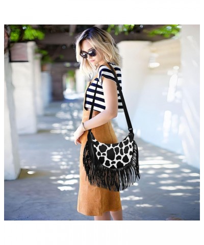 Tassel Crossbody Bag Black White Cow Print Women Fringe Boho Handbag Hippie Purse Vintage Bohemian Shoulder Bag '70s Daily Ba...