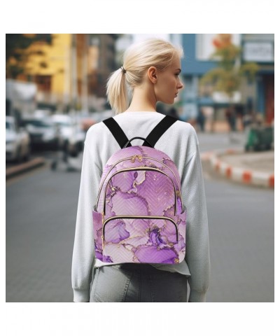 Small Backpack for Women Travel Bag Purple and Shiny Golden Marble Daypack Purse Fashion Shoulder Bag Rucksack Medium B634 $1...