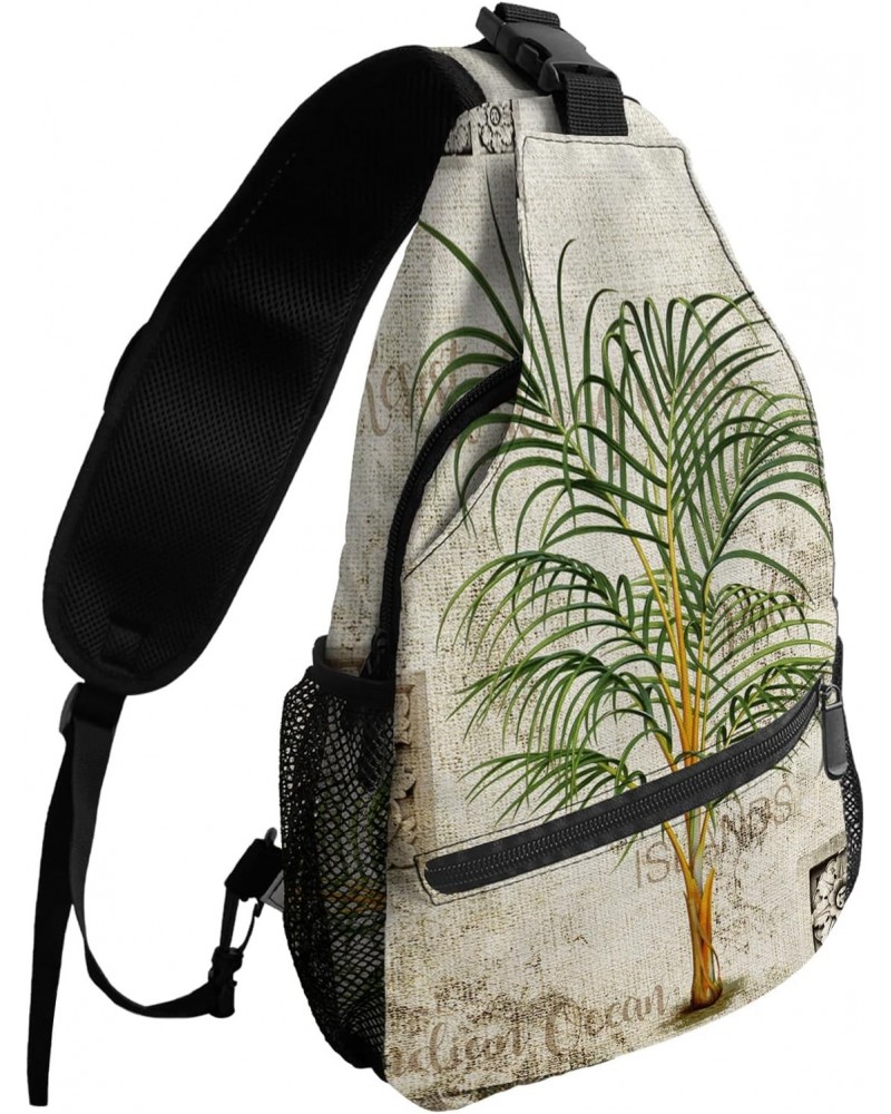 Sling Bag Crossbody Bag for Women Men Vintage Tropical Palm Tree Mottled Burlap Texture Waterproof Hiking Backpack Lightweigh...