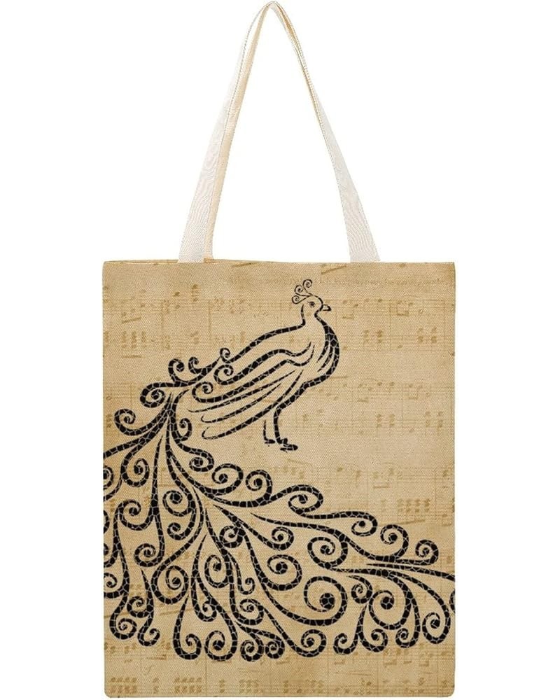 Canvas Tote Bag, Flower Retro Peacock Shopping Bag with Zipper & Handle for School Travel, Reusable Shopping Grocery Bags Sty...