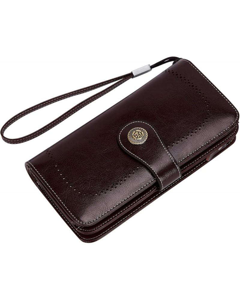 Womens Wallet Genuine Leather Large Capacity Wristlet Clutch Purse Credit Card Holder with RFID Blocking Purse Brown 19.3cm x...