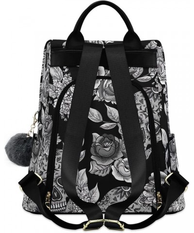 Meditating White Skull Women Backpack Purse Back Zipper Anti Theft Pocket Design Fashion Travel Bag with Pompom Skull Flowers...