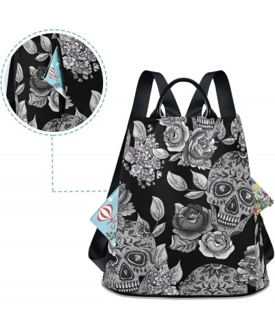 Meditating White Skull Women Backpack Purse Back Zipper Anti Theft Pocket Design Fashion Travel Bag with Pompom Skull Flowers...