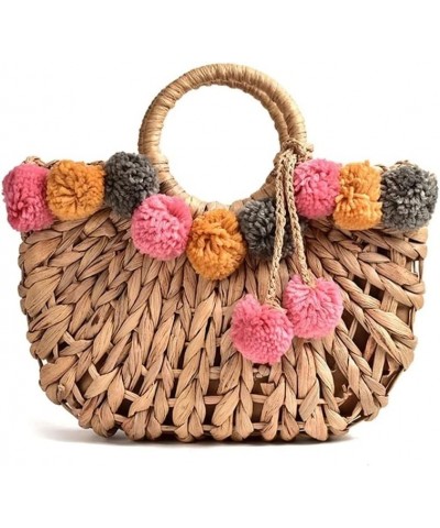 Temperament Hair Ball Hand-Woven Bag Female Shoulder Portable Beach Bag D $63.44 Shoulder Bags