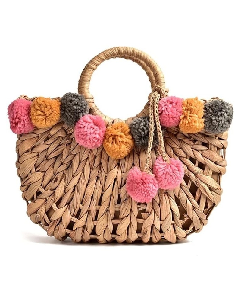 Temperament Hair Ball Hand-Woven Bag Female Shoulder Portable Beach Bag D $63.44 Shoulder Bags