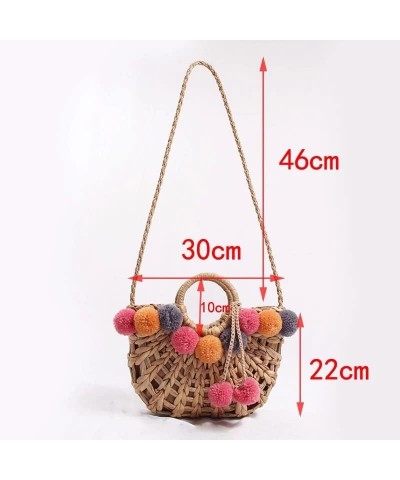 Temperament Hair Ball Hand-Woven Bag Female Shoulder Portable Beach Bag D $63.44 Shoulder Bags