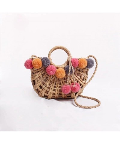 Temperament Hair Ball Hand-Woven Bag Female Shoulder Portable Beach Bag D $63.44 Shoulder Bags