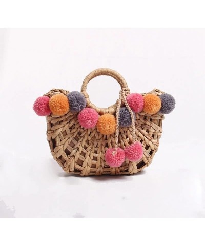 Temperament Hair Ball Hand-Woven Bag Female Shoulder Portable Beach Bag D $63.44 Shoulder Bags