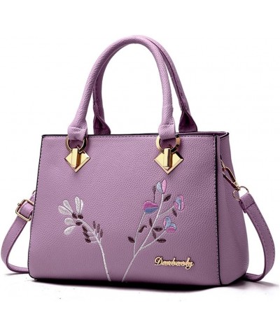 Women Top Handle Purse Satchel Bag Faux Leather Handbag Embroidery Floral Bag Shoulder Bag Crossbody Bag Medium Tote Purple $...