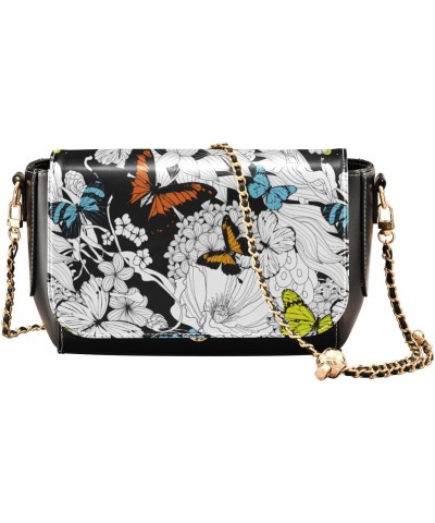 Flowers Butterflies Black Leather Crossbody Purse for Women Beauty Small Handbags with Credit Card Slots Side Bag $19.20 Cros...