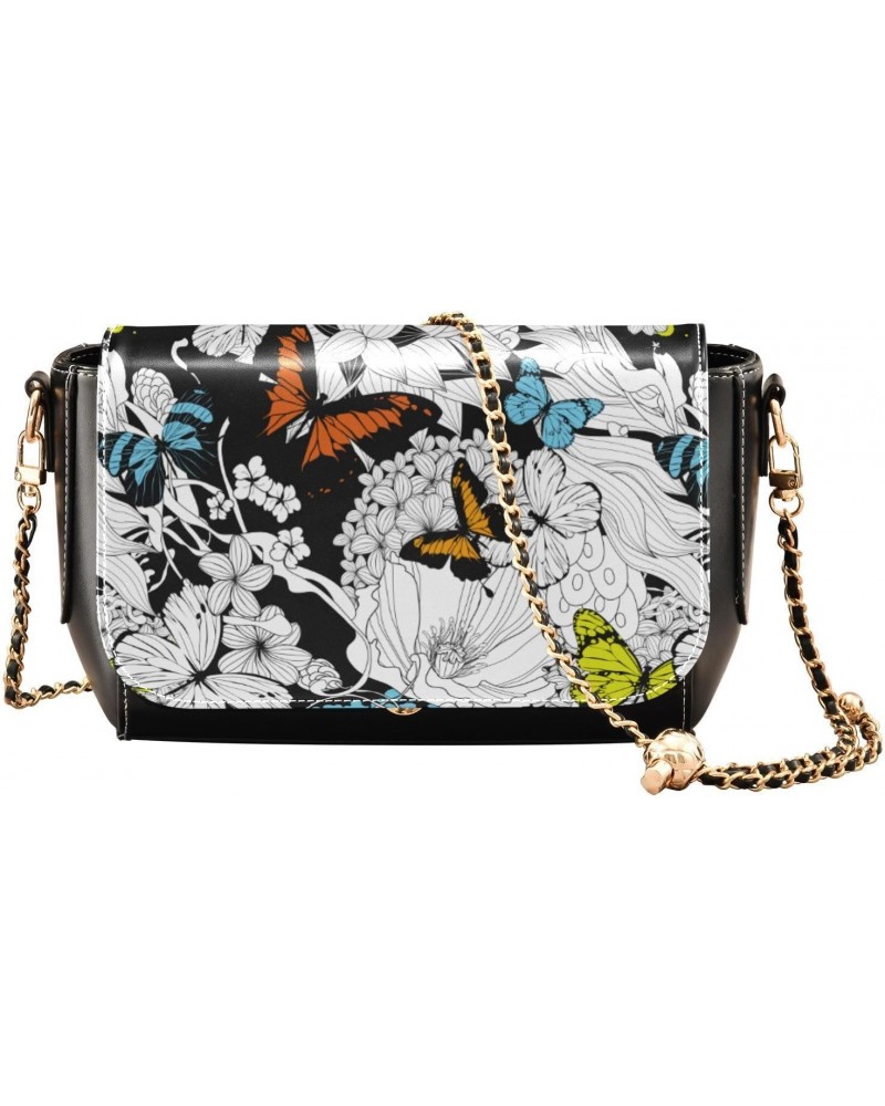 Flowers Butterflies Black Leather Crossbody Purse for Women Beauty Small Handbags with Credit Card Slots Side Bag $19.20 Cros...