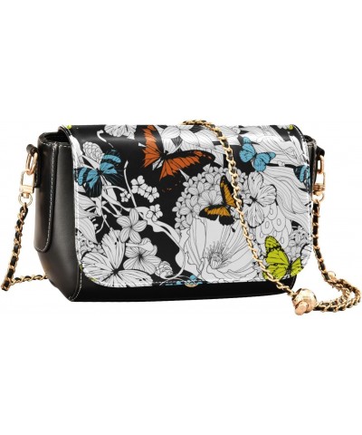 Flowers Butterflies Black Leather Crossbody Purse for Women Beauty Small Handbags with Credit Card Slots Side Bag $19.20 Cros...