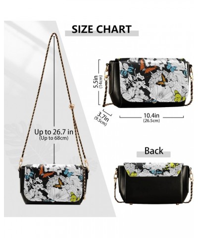 Flowers Butterflies Black Leather Crossbody Purse for Women Beauty Small Handbags with Credit Card Slots Side Bag $19.20 Cros...