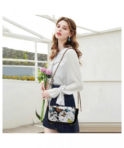 Flowers Butterflies Black Leather Crossbody Purse for Women Beauty Small Handbags with Credit Card Slots Side Bag $19.20 Cros...