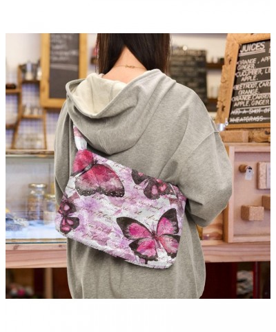 Flowers Butterflies Furry Tote Bag for Women Crossbody Bag Shoulder Bag Puffer Bag with Zipper for Shopping $11.54 Totes