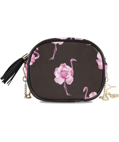 Small Crossbody Bag Pink Flamingo Rose Flowers Womens Shoulder Chain Bag PU Leather Small Purse With Tassel $14.15 Shoulder Bags