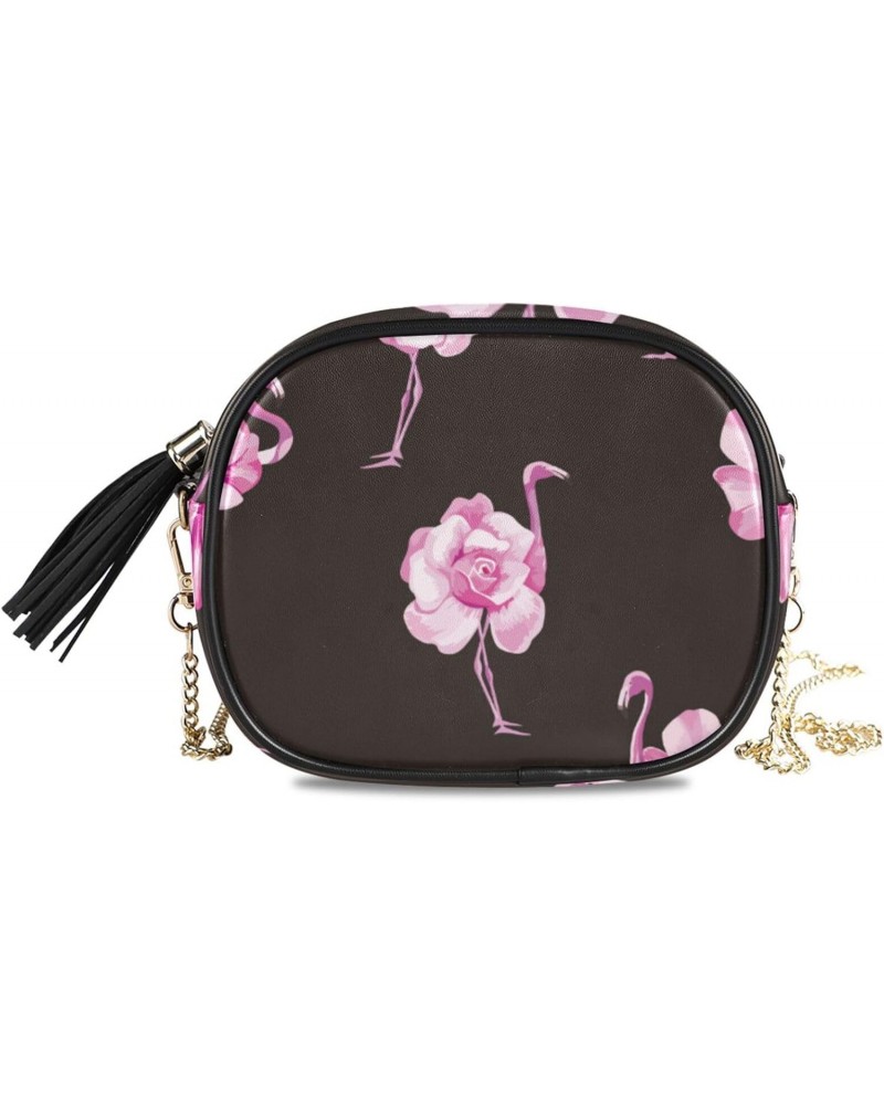 Small Crossbody Bag Pink Flamingo Rose Flowers Womens Shoulder Chain Bag PU Leather Small Purse With Tassel $14.15 Shoulder Bags