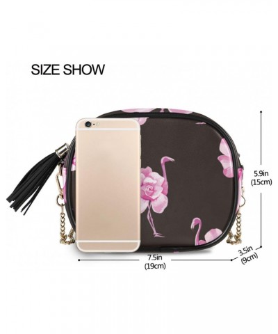 Small Crossbody Bag Pink Flamingo Rose Flowers Womens Shoulder Chain Bag PU Leather Small Purse With Tassel $14.15 Shoulder Bags