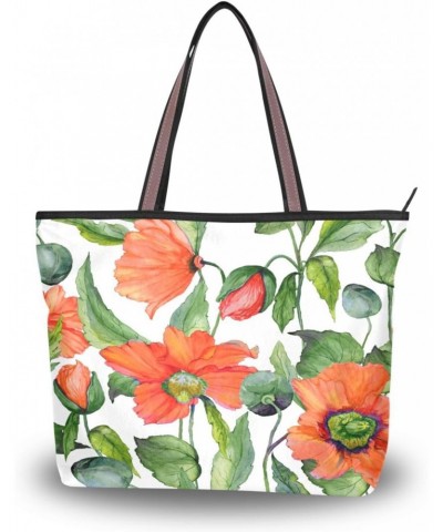 Womens Tote Bag, Red Poppy Flowers with Green Leaves Ladies Zip Shoulder Handbags $14.39 Shoulder Bags