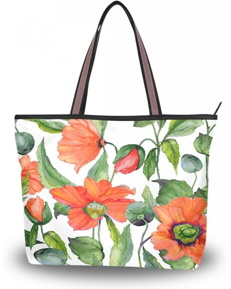 Womens Tote Bag, Red Poppy Flowers with Green Leaves Ladies Zip Shoulder Handbags $14.39 Shoulder Bags