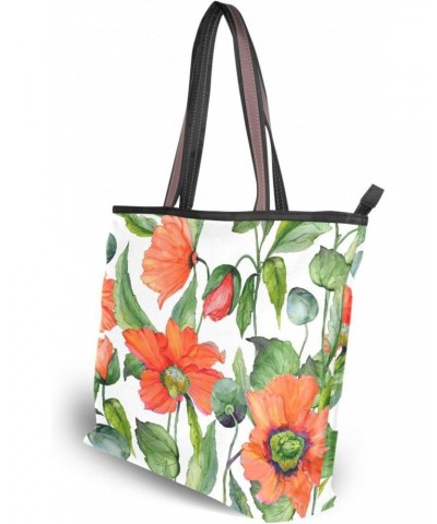 Womens Tote Bag, Red Poppy Flowers with Green Leaves Ladies Zip Shoulder Handbags $14.39 Shoulder Bags