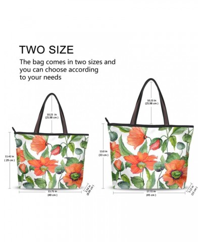 Womens Tote Bag, Red Poppy Flowers with Green Leaves Ladies Zip Shoulder Handbags $14.39 Shoulder Bags