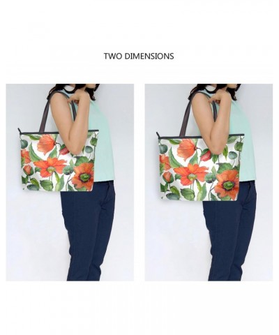 Womens Tote Bag, Red Poppy Flowers with Green Leaves Ladies Zip Shoulder Handbags $14.39 Shoulder Bags