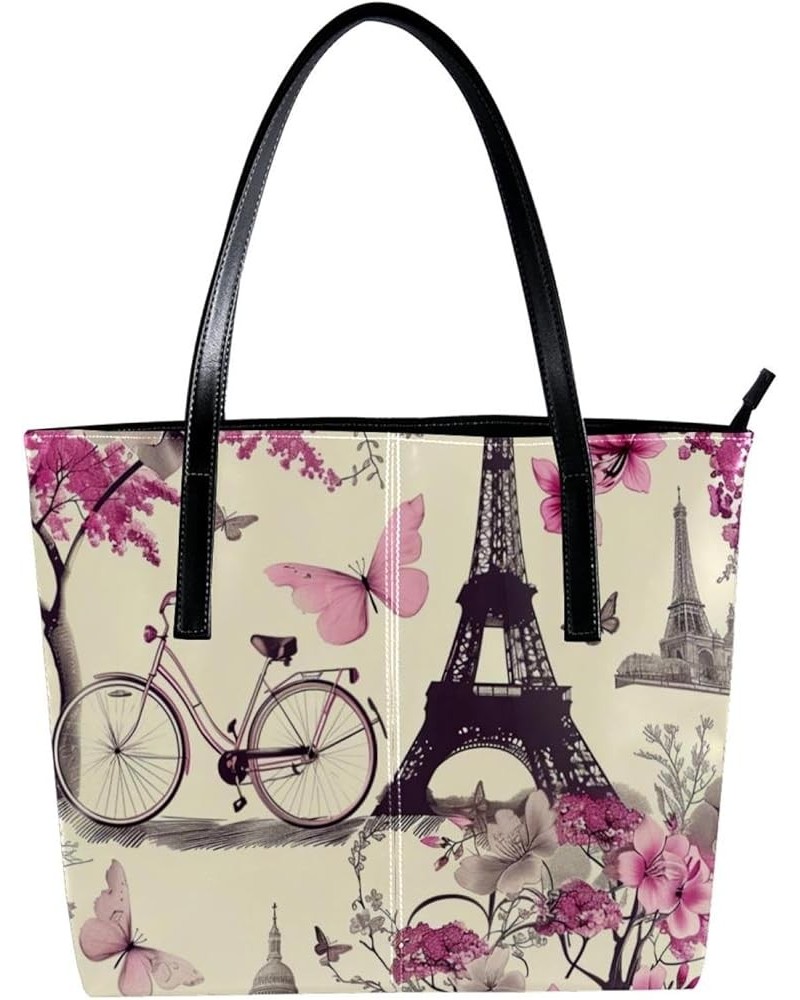 Tote Bags, Faux Leather Large Tote Bags for Women, Women's Tote Handbags, Paris Pink Eiffel Tower, Totes for Women Pattern 71...