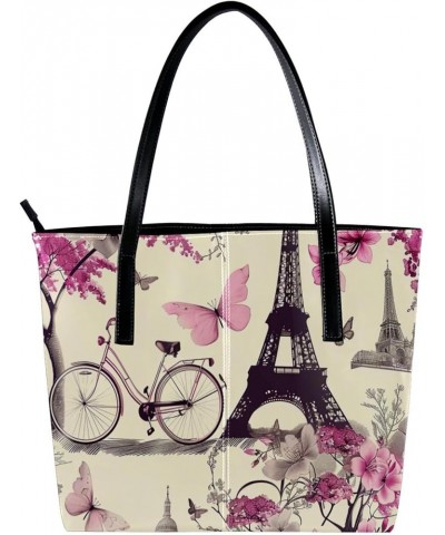 Tote Bags, Faux Leather Large Tote Bags for Women, Women's Tote Handbags, Paris Pink Eiffel Tower, Totes for Women Pattern 71...