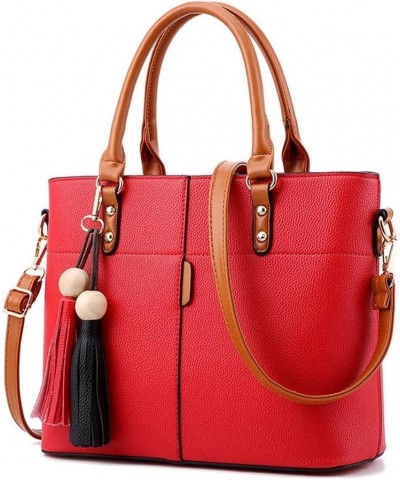 Women Handbag Tassel Desinger Tote PU Leather Shoulder Bag Purse Stitching Pattern Crossbody Bag Satchel Red $38.33 Totes