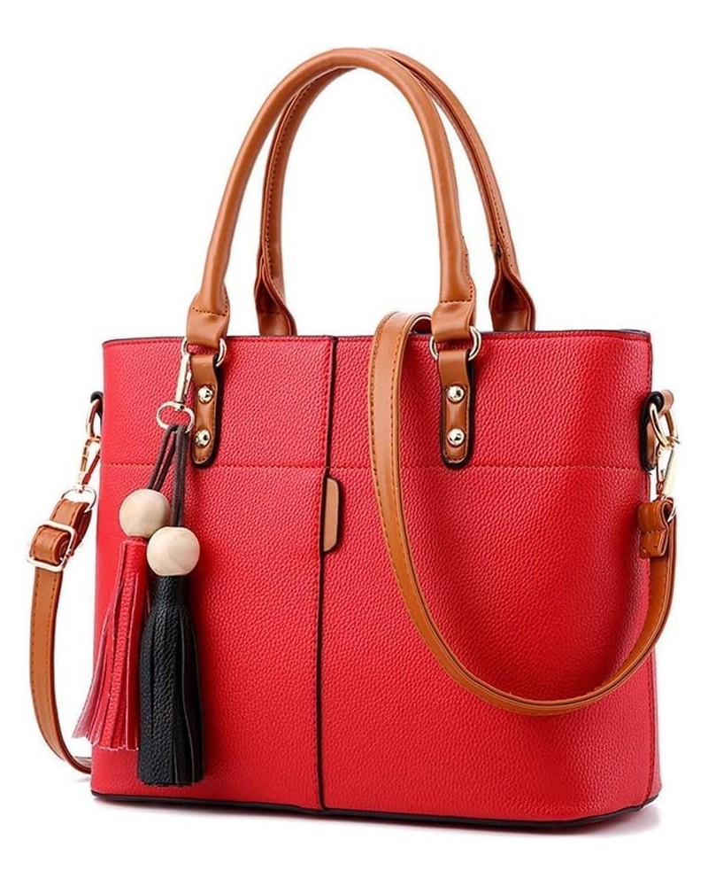 Women Handbag Tassel Desinger Tote PU Leather Shoulder Bag Purse Stitching Pattern Crossbody Bag Satchel Red $38.33 Totes