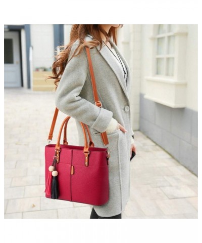 Women Handbag Tassel Desinger Tote PU Leather Shoulder Bag Purse Stitching Pattern Crossbody Bag Satchel Red $38.33 Totes