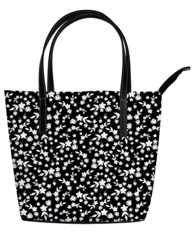 Vintage Abstract Black and White Small Flowers Pattern Tote Bag for Women Leather Handbags Women's Crossbody Handbags Work To...