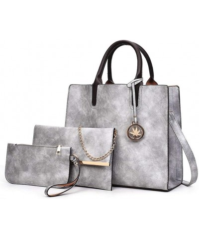 Women's Retro 3Pcs Set Handbag PU Leather Shoulder Bag OL Commuter Package Light Gray $18.03 Shoulder Bags