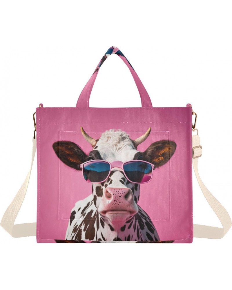 Pink Cool Cow Tote Bag Corduroy Tote Bag Women Shoulder Handbags with Etachable Shoulder Strap $16.17 Totes