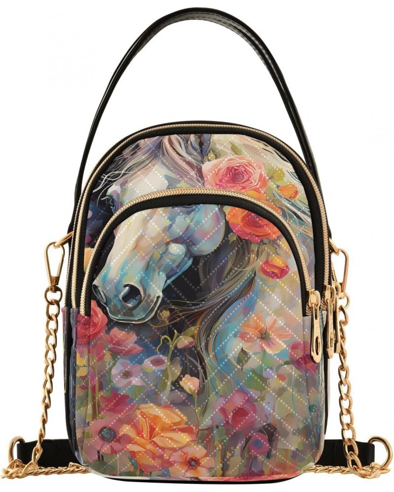 Chain Crossbody Bags for Women Horse White Flowers Painting Quilted Shoulder Crossbody Handbags Travel Cross Body Cell Phone ...