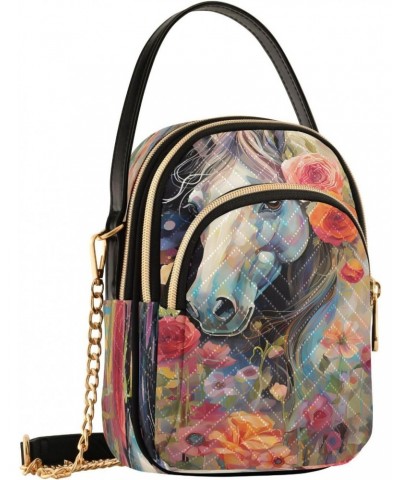 Chain Crossbody Bags for Women Horse White Flowers Painting Quilted Shoulder Crossbody Handbags Travel Cross Body Cell Phone ...