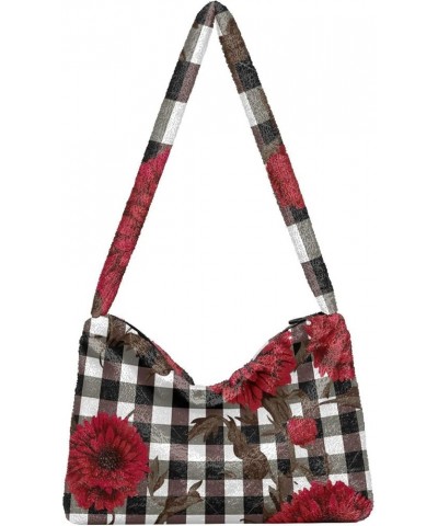 Red Flowers on Black and White Checkered Womens Shoulder Handbags, Shoulder Tote Bag for Women, Womens Outdoor Bag Red Flower...