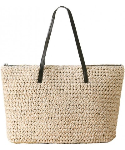 Women Straw Summer Beach Shoulder Bag Handbag Tote With PU Leather Straps Woven bag Light Beige $10.50 Totes