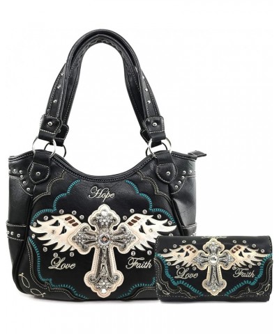 Women's Concealed Carry Angel Wings Cross Faith Hope Love Western Handbag Tote Purse Black Purse Wallet Set $28.37 Totes