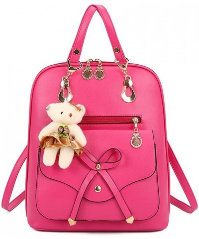 Women Backpack PU Leather Backpack Bear Charm with Adjustable Shoulder Strap-Rose red Rose Red $32.61 Backpacks