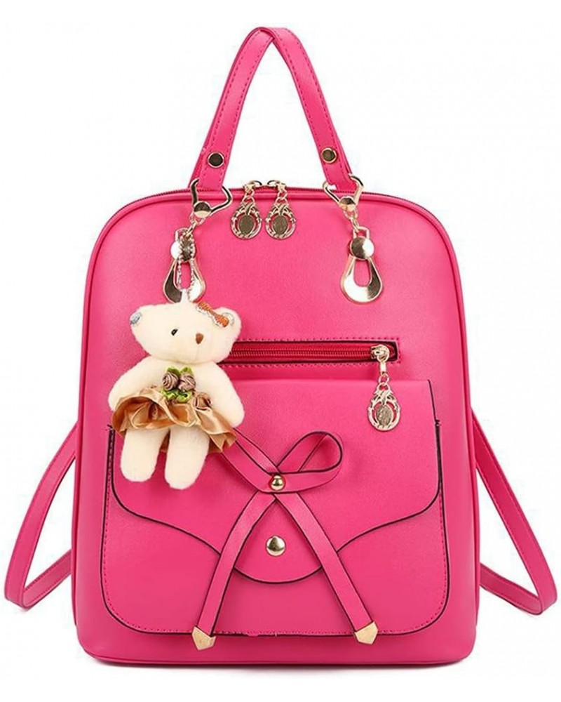 Women Backpack PU Leather Backpack Bear Charm with Adjustable Shoulder Strap-Rose red Rose Red $32.61 Backpacks