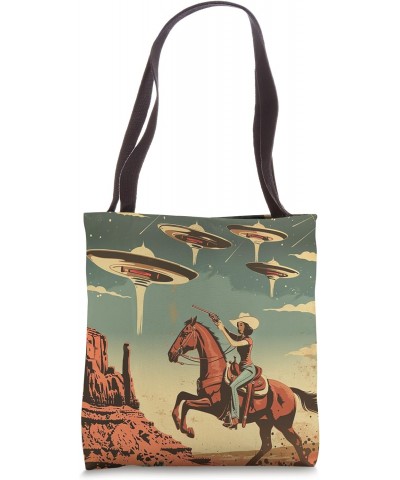 Retro Desert Cowgirl Riding Horse Shooting At Space UFO Art Tote Bag $12.25 Totes