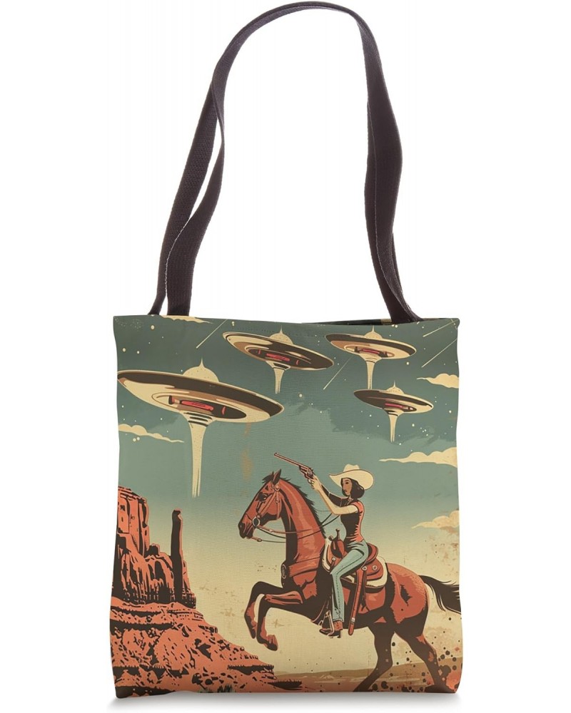 Retro Desert Cowgirl Riding Horse Shooting At Space UFO Art Tote Bag $12.25 Totes